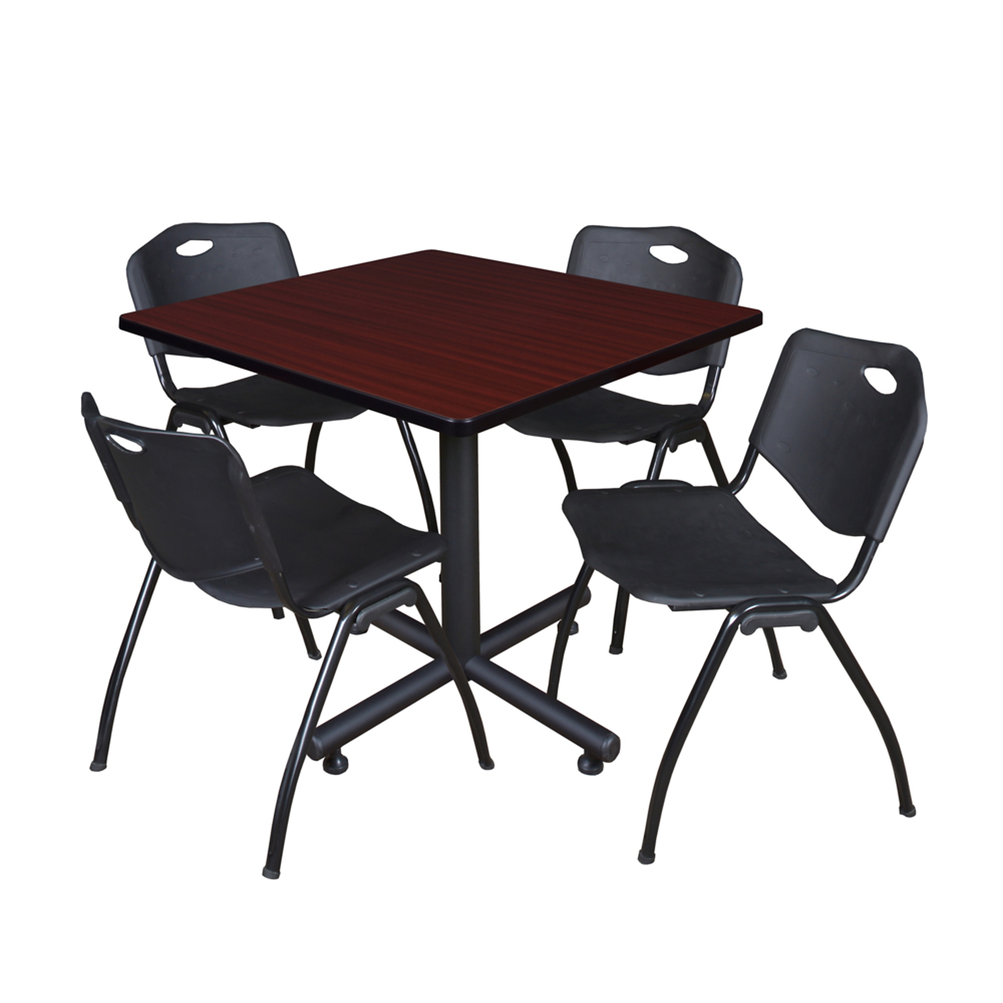 Regency Furniture Kobe Square Breakroom Table Set — 36in., Mahogany/Grey, X-Base, 4 Black Stack Chairs, Model# TKB3636MH47BK
